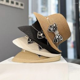 Wide Brim Hats Women Summer Sun Hat Elegant Rhinestone Bow Hepburn Style Holiday Floppy Straw Ladies Temperament Beach