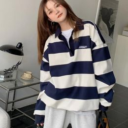 Striped T Shirt Women Oversize Tshirts Vintage Korean Fashion Tees Tops Long Sleeve Loose Turn Down Collar Clothes 230301