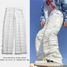 Men's Jeans White Hip Hop Jeans Striped Tassel Frayed Straight Baggy Jeans Pants Harajuku Male Female Solid Streetwear Casual Denim Trousers Z0301