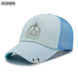 Ball Caps SILOQIN Adjustable Size Women's Mesh Breathable Baseball Caps Ponytail Cap New Hoop Ring Decoration Hip Hop Hat Snapback CapJ230228