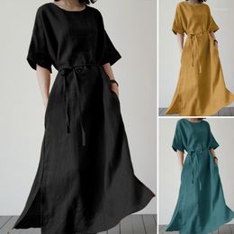 Party Dresses Muslim Dress Fashion Autumn Split Hem Holiday Sun Women Elegant Half Sleeve Casual Long Robe Cotton Linen