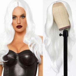 Front Lace Wig Women Centre Split White Long Curly Hair Large Wave Chemical Fibre Full Head Cover White Wigs