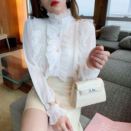 Women's Blouses Formal Business Shirt Femme Party White High Neck Chic Classic Blouse Long Sleeve Ruffle Flounce Blusas Streetwear Office