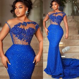 2023 Arabic Aso Ebi Blue Mermaid Prom Dresses Beaded Crystals Lace Evening Formal Party Second Reception Birthday Engagement Gowns Dress ZJ201