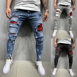 Men's Jeans New Patch Plaid Slim Pencil Pants Four Seasons Fashion Trend Hole Stretch Coated Denim Cotton Brand Y2303