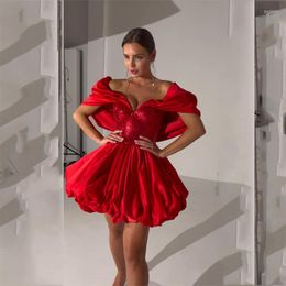 Party Dresses Red Pretty Elegant Off Shoulder Ruffles Satin Ball Gown Short Mini Length Women Evening Cocktail Gowns Custom Made