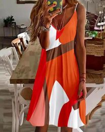 Casual Dresses Women's Fashion Colorblock V-Neck Sleeveless Spaghetti Strap Mini Vacation Dress 2023 Summer