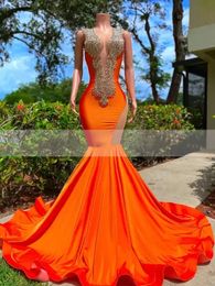 Luxury Orange Satin Mermaid Prom Dresses For Black Girls Sexy V Neck Beading Glitter Sequins Backless Evening Gown Robe de Ball BC15130