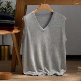 Men's Vests V-Neck Pure Cashmere Vest Middle-Aged Large Size Casual Knit Waistcoat Pullover Winter Sleeveless High-End