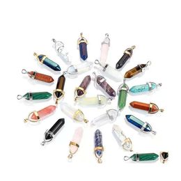 car dvr Charms Sier Gold Metal Natural Stone Pillar Pendum Chakra Hexagonal Prism Healing Crystal Reiki Point Pendants For Necklace Jewellery Dhxd5