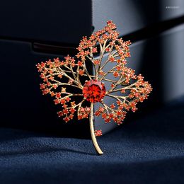 Brooches Plant Leaf For Women Clothes Red Cubic Zirconia Luxury Jewelry Ladies Winter Coat Suit Accessories Year Gift