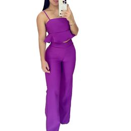 designer Women two piece pants sne0159 summer Solid color Suspenders Ruffle lower hem High-waisted straight trousers 2piece Casual fashion street clothing