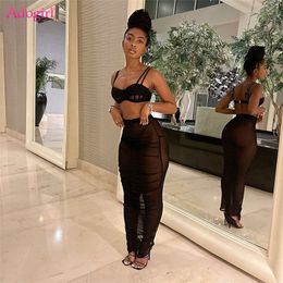 Two Piece Dress Adogirl Sexy Sheer Mesh Two Piece Set Dresses for Women Camisole Crop Top Pleated Maxi Skirt Night Club Party Outfits Suit 230228