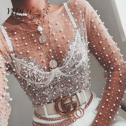 Women Transparent O-Neck Long Sleeve Sexy Lace Mesh Shirt Club Party Tops Ladies Spring Pearl Beading Blouse Blusas