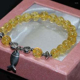 Strand Tibet Silver Plated Fish Pendant Yellow Electroplate Popcorn Crystal Bracelets Women 8mm Round Beads Jewelry 7.5inch B2146