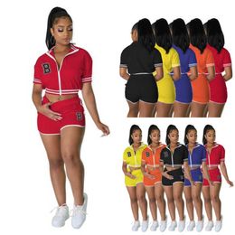 Women Active Tracksuits Zipper Short Sleeve Embroidered Bomber Two Piece Shorts Set Casual Jacket