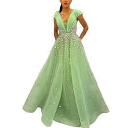 Mint Green Crystal Prom Dresses Off The Shoulder Bead Engagement Gown Organza A Line Vestidos De Ocasion Formales