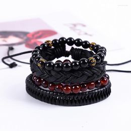 Strand 4Pcs/Set Lacing Leather Bracelet Handmade Weaving Antique Braclet Adjustable 8mm Beaded Brazalet Stone Charm Punk Jewellery Unisex