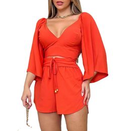Sexy V-neck backless Women two piece pants sne0159 Solid color Horn sleeve and High-waisted shorts lady summer Casual fashion street suit