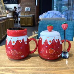 Mugs Creative Strawberry Ceramic Cup Children Lovely Japanese Female Water High Sense Household Coffee Mug With Lid Spoon