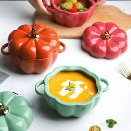 Bowls Pumpkin Shape Baking Bowl With Lid Glaze Au Gratin Soup Salad Kitchen Bakeware Oven Party Pan Halloween Decoration