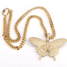 Chains 3Pcs Big Size Cubic Zirconia Butterfly Pendant Charm Cuban Link-Chain Bling Women Necklace Jewelry GoldenChains