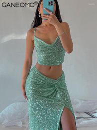 Work Dresses Sequins Camis Crop Top Bodycon Slit Midi Skirt Suits Women Two Piece Sets 2023 Summer Fashion Party Night Sexy Skinny Outfits