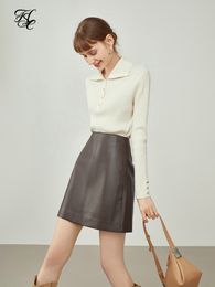 FSLE Women's Brown Leather Skirt Winter Office Lady Mini s Aline Allmatch Fashionable High Waist 230301