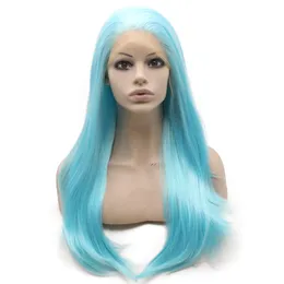 24" Long Light Blue Synthetic Wig Lace front Wig Drag Queen Cosplay Party Wig