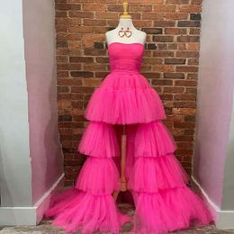 Party Dresses Fashion Simple Prom Strapless Sleeveless Ruffles Tulle Ball Gown Hi Lo Layered Women Homecoming Graduation Elegant Gowns