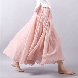 Skirts 14 Colours Linen Maxi Skirt Pleated Vintage Boho Maxi Long Casual Cotton Beach Skirt Empire A-Line Linen Skirt Ladies 230301