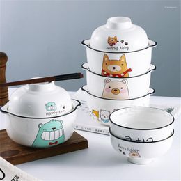 Bowls 6 Inch Nordic Ceramic Instant Noodle Dessert Bowl With Lid White Porcelain Cute Cartoon Large Capacity Soup Rice Tableware