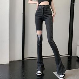 Women's Jeans Ladies Denim Flare Women Pierced Ripped Boot Cut Pants Female Wide Leg Hole 2023