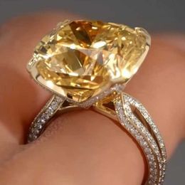Cluster Rings New Luxury Big Yellow Colour Zircon 18k Gold Silver Colour designer Engagement Ring For Women Lady cheap items with free shipping G230228