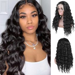 Wig forehead lace female black split long curly wig small curly chemical fiber headwear wigs 230301