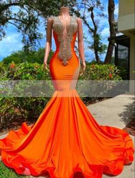 Orange Stain Mermaid Evening Dresses 2023 Gillter Beaded Crystal Sexy V-neck Backless African Aso Ebi Arabic Occasion Prom Gowns