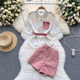 Women's Two Piece Pants designer summer Womens Tracksuits suit hy0169 sweet foreign style aging French Lapel waist narrow short sleeved shirt two-piece wide legs XK7