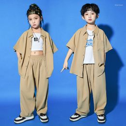 Stage Wear Modern Kpop Outfit Kids Hip Hop Clothing Jazz Dance Costume Khaki Shirts Pants Girls Concert Performance Boys BL8822