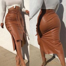 Skirts Sexy Women Pu Leather Slit Long Slim-Fit Belt Solid Color High Waist Pencil Faux Casual Club Wear