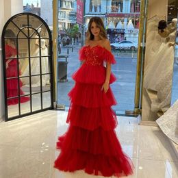 Party Dresses Red Beautiful Elegant Prom Dress Cap Sleeves Lace Appliques Tulle Tiered Long A-Line Women Evening Gowns Custom Made 2023