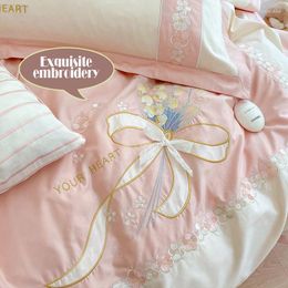 Bedding Sets Cotton Pink Blue Embroidery Set Fabric Linens Silky Bed Linen Quilt Twin Size Duvet Cover King