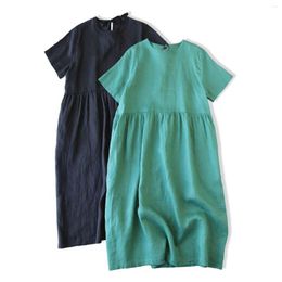 Party Dresses Cotton Loose Dress Women's 2023 Retro Korean Style Short Sleeve Pocket Skirt Summer Green Breathable Casual Midi Vestidos