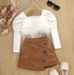 2PCS Toddler Baby Girls Clothes Sets Long-sleeved patchwork sweater top irregular button leather skirt Summer Set