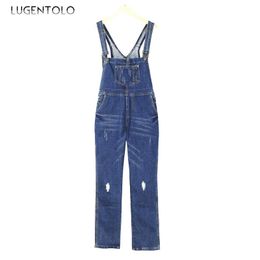 Women's Jumpsuits & Rompers Lugentolo Women Jumpsuit Denim Bib Loose Hole Shoulders Casual Fashion Plus Size 3XL Streetwear