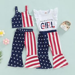 Clothing Sets Independence Day Kids Girls Clothes Summer Sleeveless Tops Stars Stripe Printed Flared Pants Outfits Children Costumes