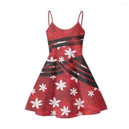 Casual Dresses Summer Women Mini Slip Dress Spaghetti Strap Polynesian Tribal Clothing Samoan Fijian Red Tiare Sublimation Print For Beach