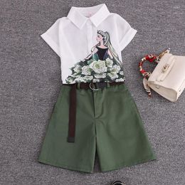 Women's Tracksuits 2023 Summer 2 Pieces Suits Girl Print Chiffon Blouse Shirt Women Tops Shorts Set Two Piece Tracksuit With Belt
