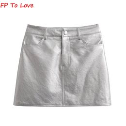 Skirts FP To Love French Silver PU Mini Skirts Sexy High Waist Hip Skirt Chic Retro Short A-Line 230301