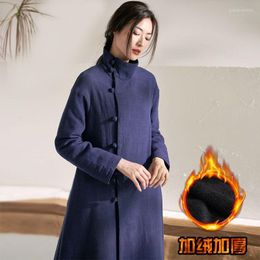 Ethnic Clothing Winter Chinese Loose Dress Cheongsam Thickening Qipao Long Sleeve Blue Line Cotton Robe Chinoise Vestido Zen