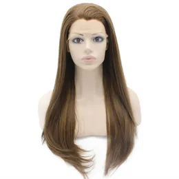24" Long #8/27 Highlighted Brown Silky Straight Heat Friendly Synthetic Hair Lace Front Fashion Wig